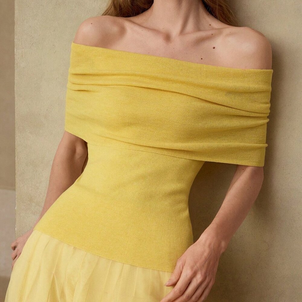 Yellow Casual Women's Premium Fold Off Shoulder Knit Top